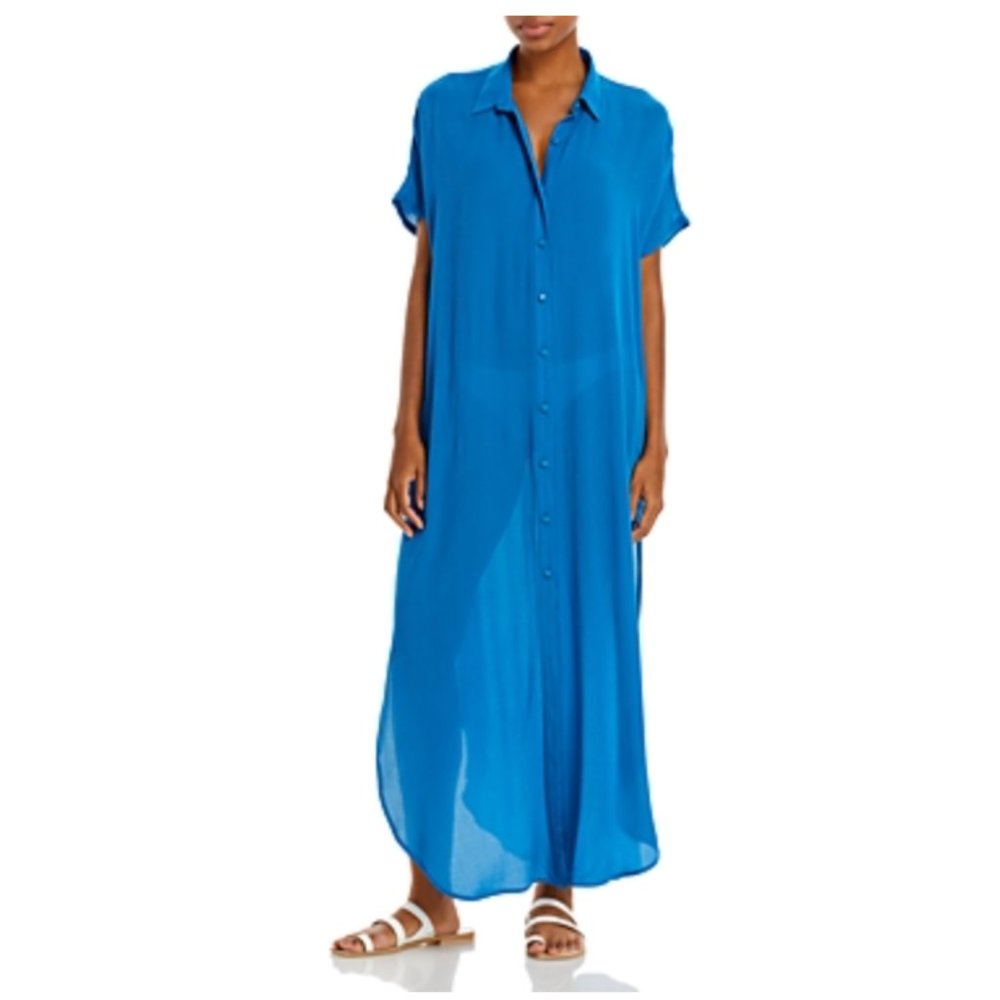 Aqua Swim Button Front Cover Up Maxi Dress in Cobalt Blue Capped Sleeves Size S